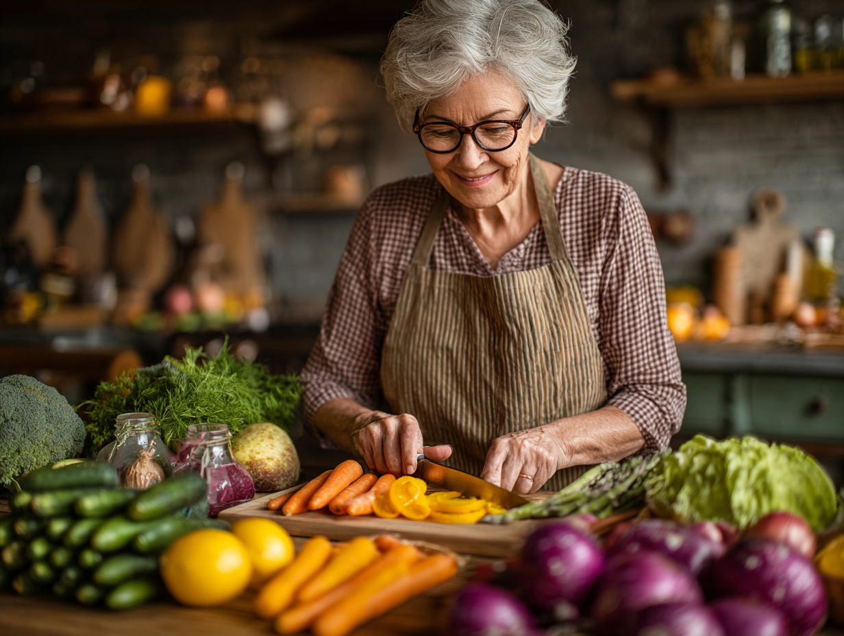 Щаслива літня пара готує здорову їжу на кухні