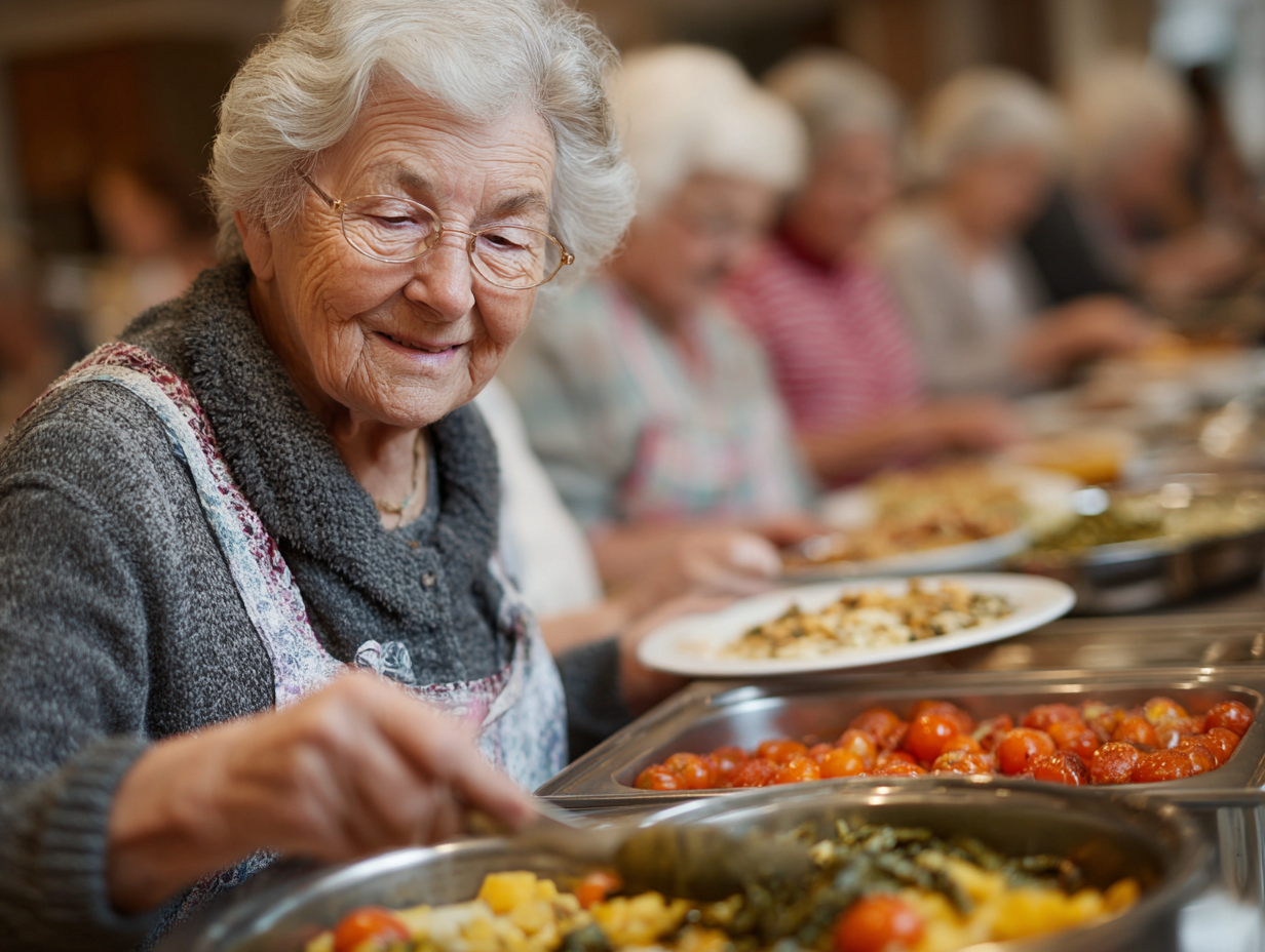 Група літніх людей насолоджується спільною трапезою з здоровою їжею